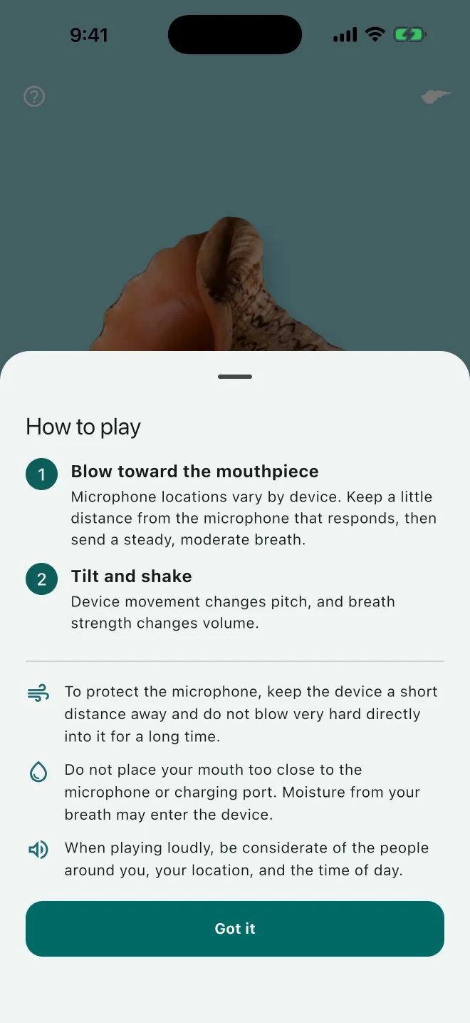 Horagai help screen showing breath and movement tips