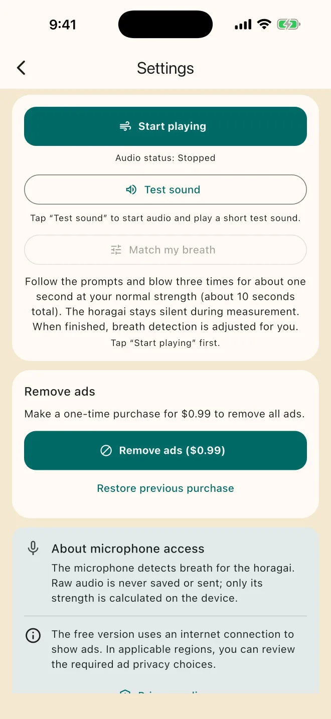 Horagai settings screen with sound and purchase options